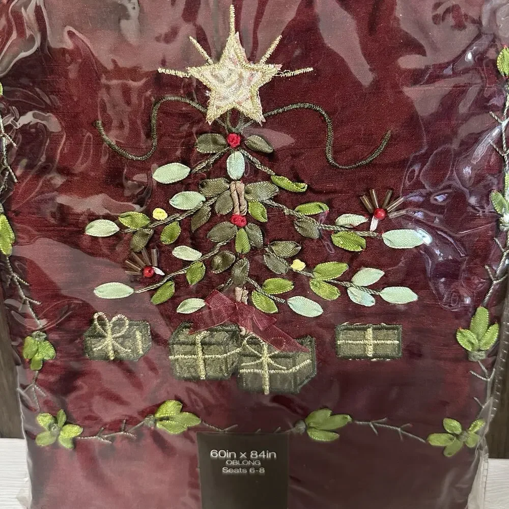 Bed Bath & Beyond Christmas Tree Ribbon Tablecloth Oblong 60x84 Burgundy NWT